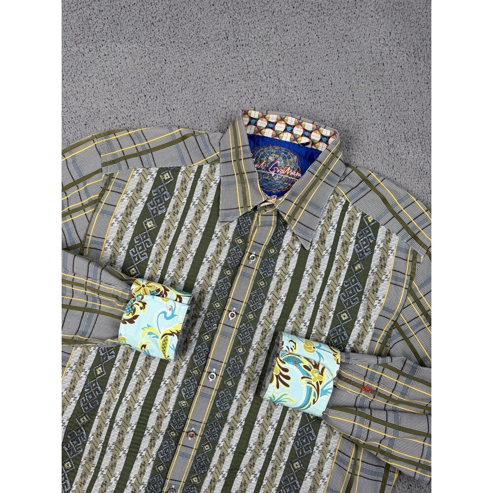 Robert Graham Shirt Mens M Green Aztec Striped Dress Geometric Flip Cuffs